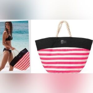 VICTORIA'S SECRET Striped Pink White Black Rope Twist Handles Weekend Travel Bag
